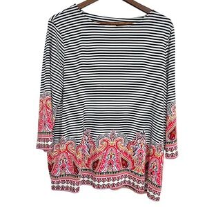 Chico's RED Travelers Womens Top 3/4 Sleeve Black Stripped with Pink Paisley 2